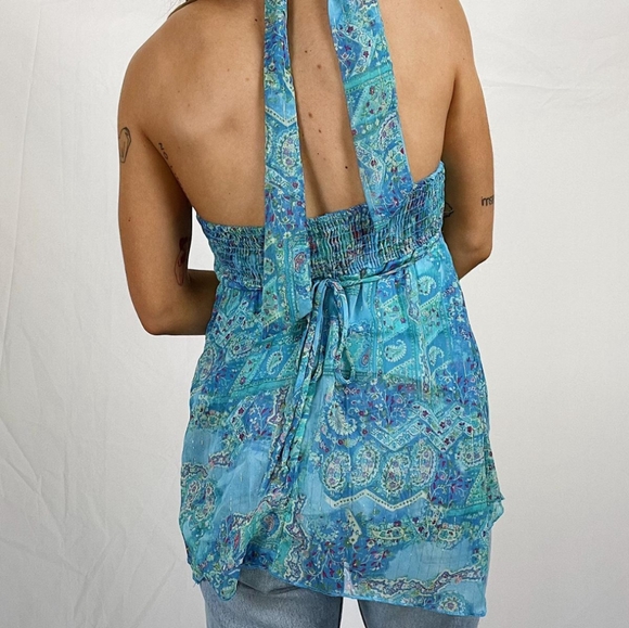 Vintage Jordache Juniors' Blue Paisley Metallic Tie Neck Bra Tank- Size XL 15/17 - Picture 2 of 12